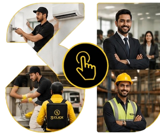 3Click professionals — electrician, business professional, cleaner, delivery partner and warehouse worker