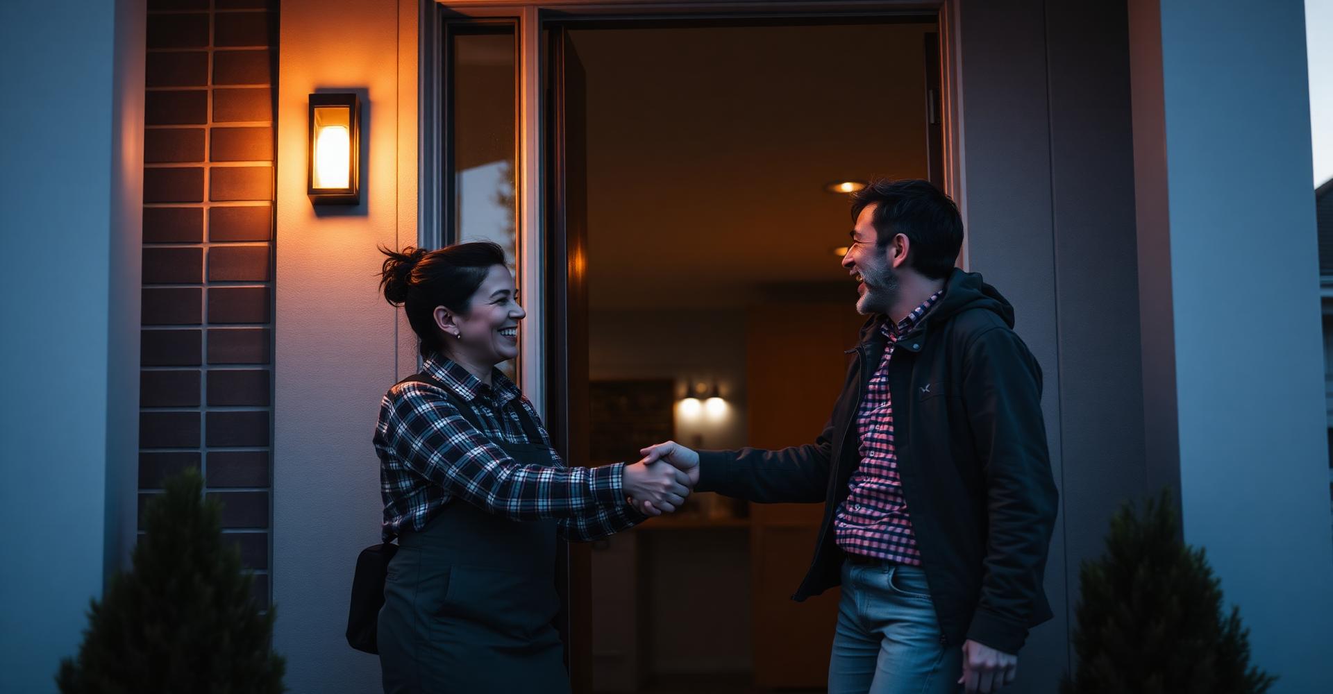 Service professional and customer shaking hands at a doorway