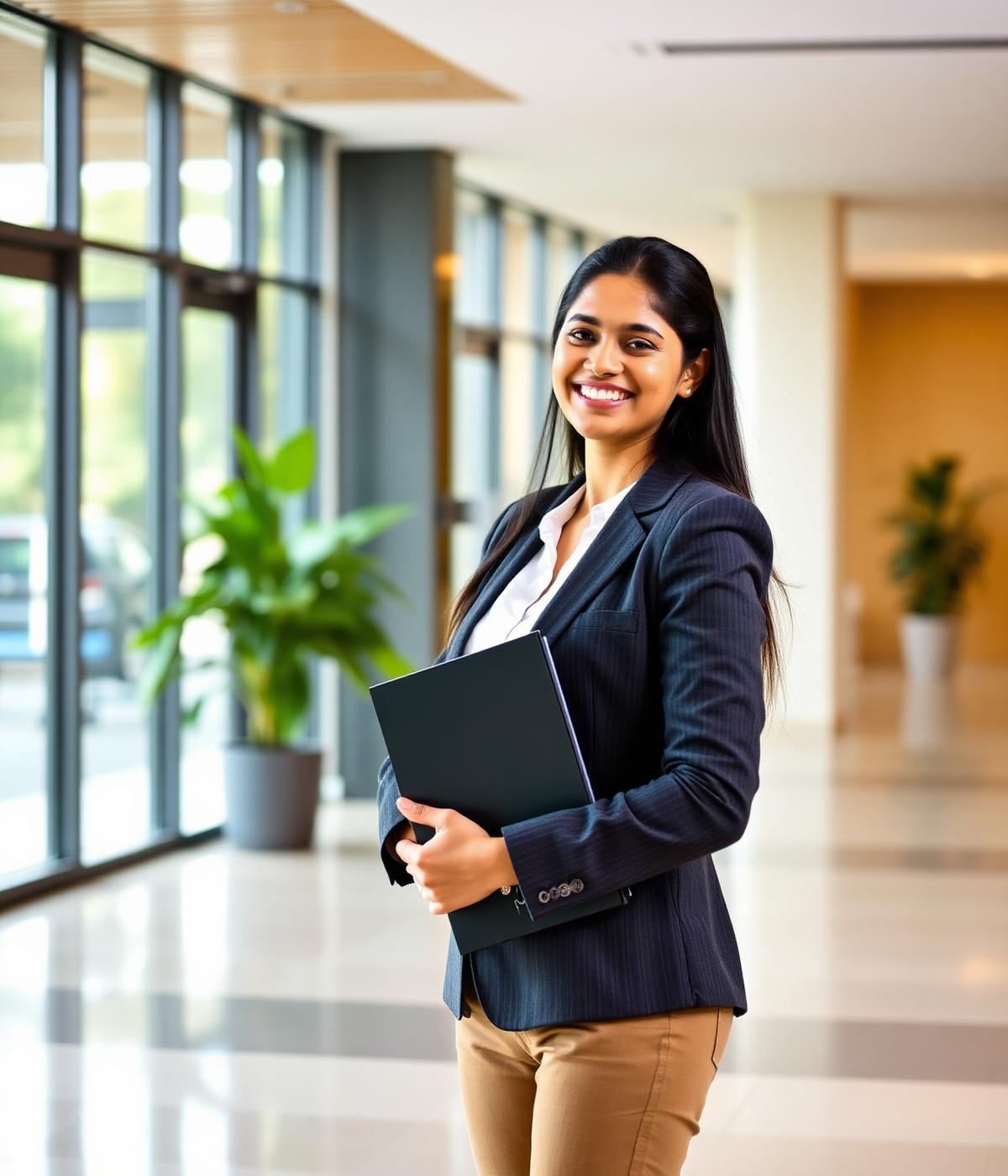 Job seeker in a modern office lobby