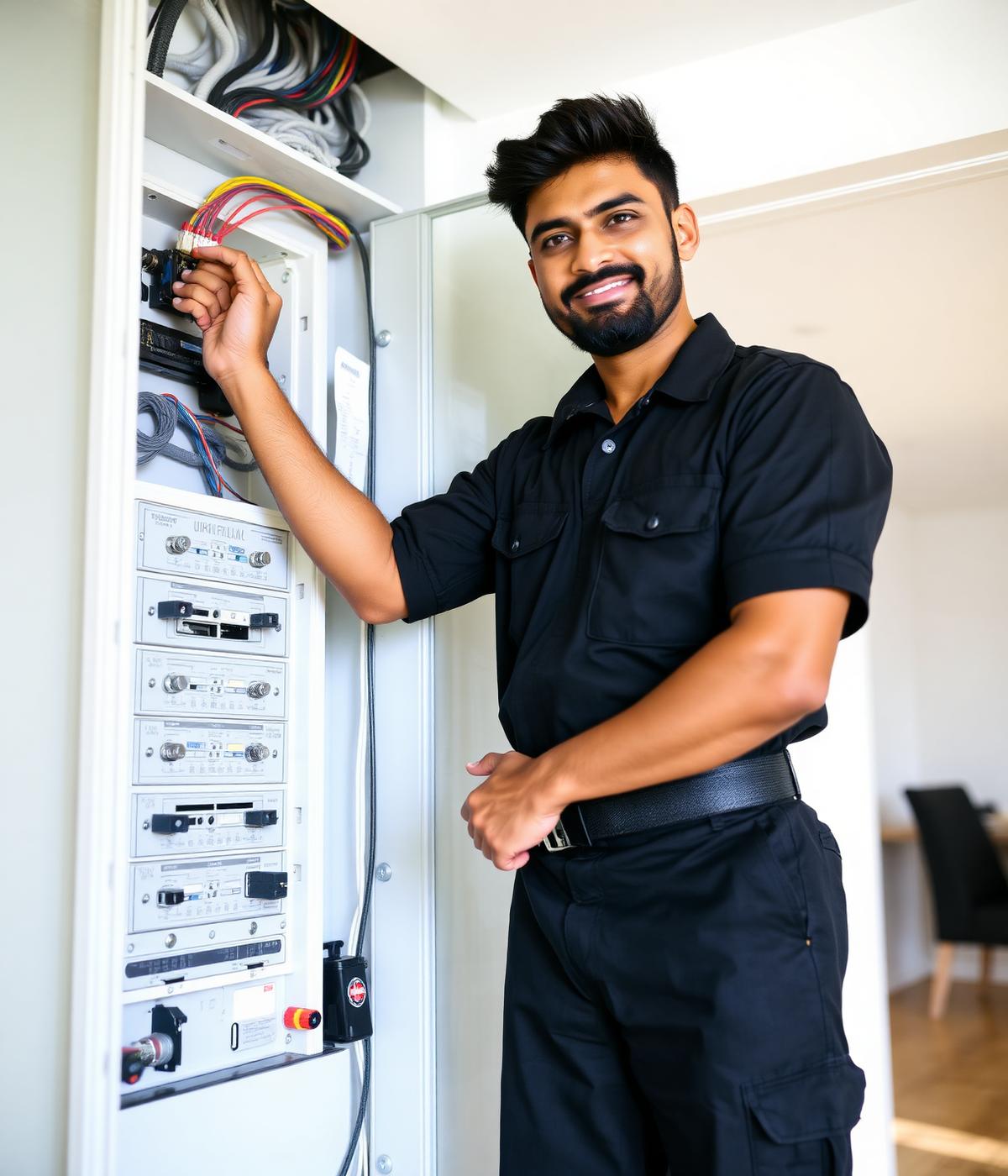 Electrician working on an electrical panel