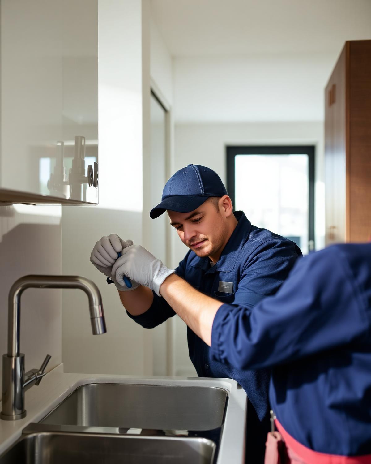Plumber repairing a kitchen faucet